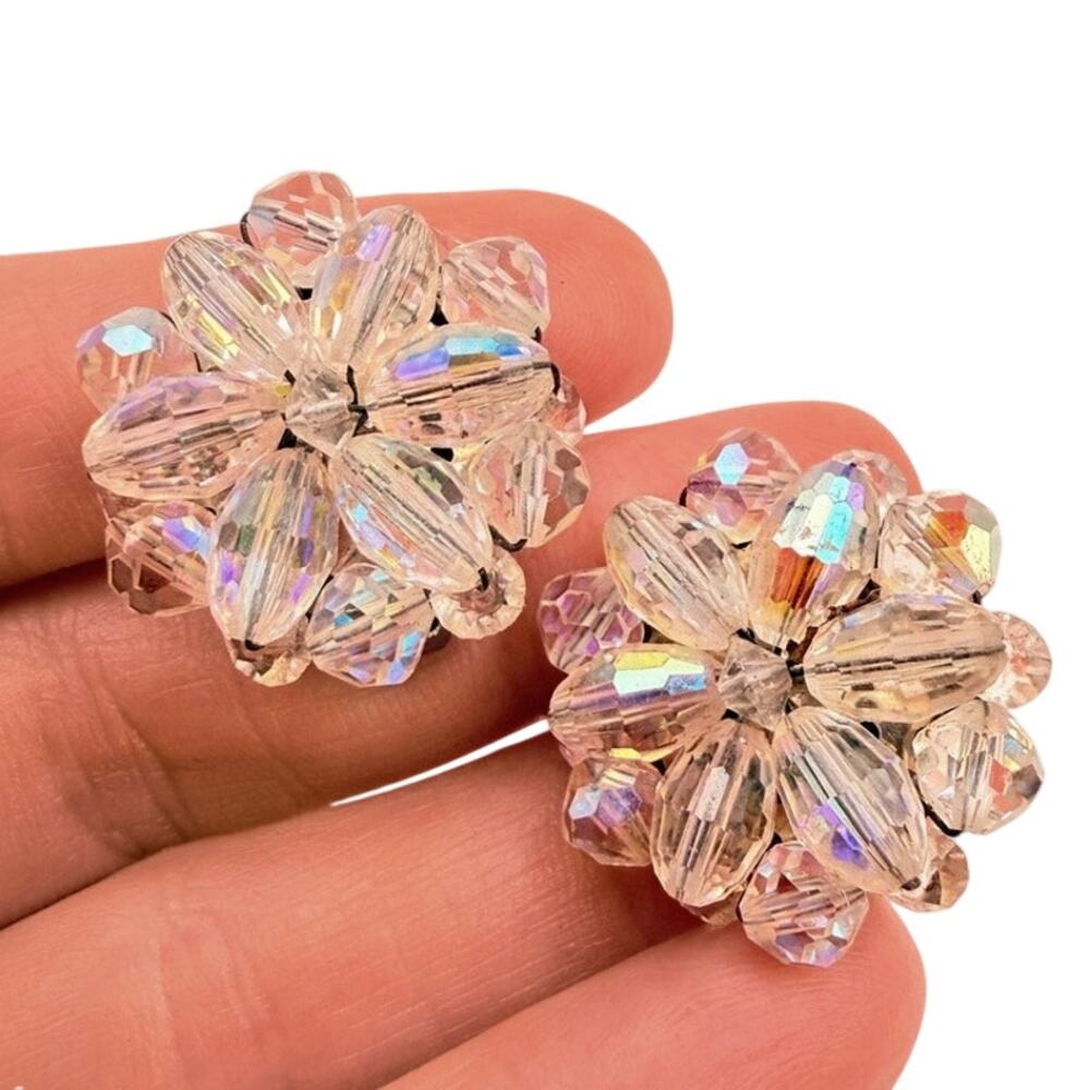 Vintage Signed Germany Cluster Aurora Borealis Crystal Snowflake Clip Earrings